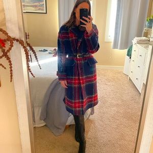 Brand new red and blue plaid coat